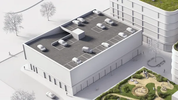 zoom in on a parking deck to show the details of the build up of the roof
