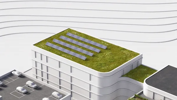 Zoom in on a sedum roof with solar panels to show the build up of the roof