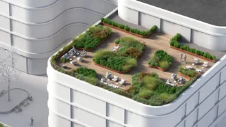 A white architecture model of a building with a green roof solution