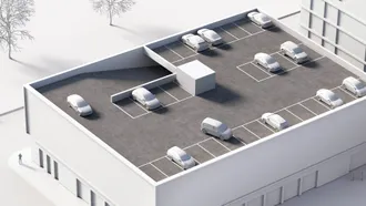 Valkoinen arkkitehtuurinen malli kattoparkkipaikasta