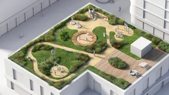 A white architecture model of a building with a terrace roof garden solution