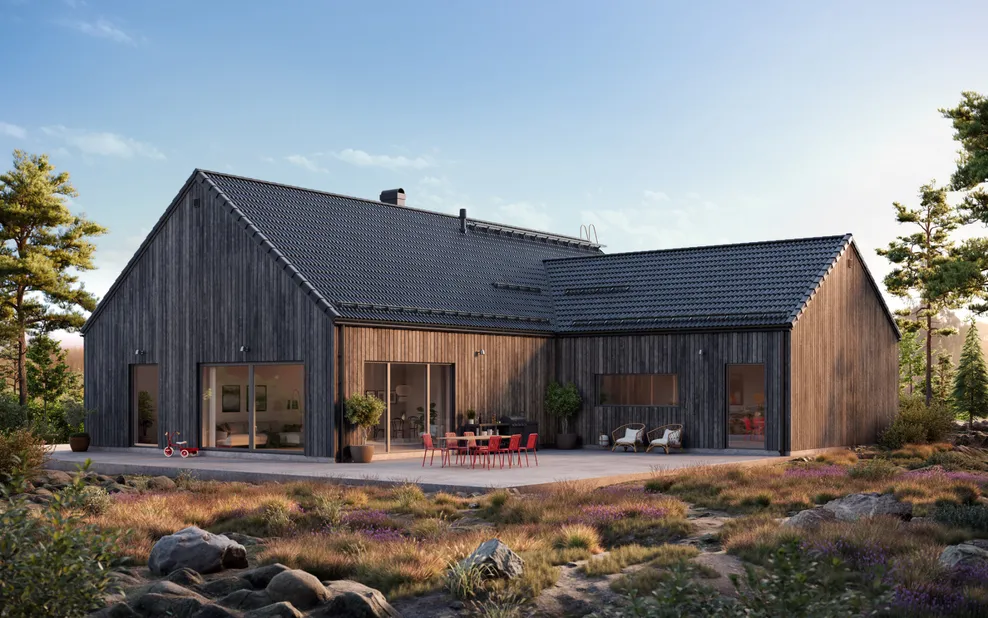 Protector Nova Musta - Renderöity moderni talo kaukaa