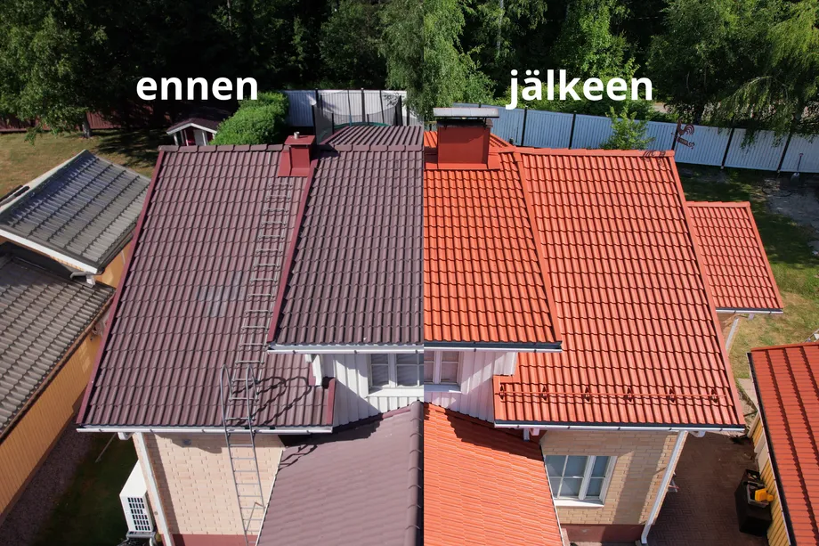 kohteen katto ennen ja jälkeen pinnoituksen