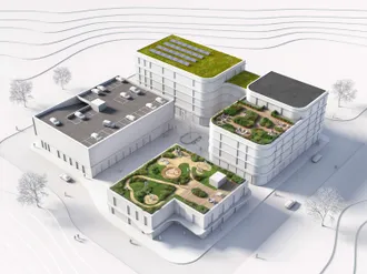 Arkkitehtuurimalli neljästä valkoisesta rakennuksesta, joissa on erilaisia kattoratkaisuja, kuten pysäköintikansi, kattoterassi, viherkatto ja maksaruokokatto, sekä aurinkopaneelit tasakatolla.